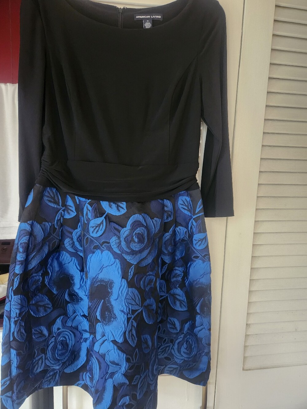 American Living Black Top with Blue Floral Skirt Fit-and-Flare Dress